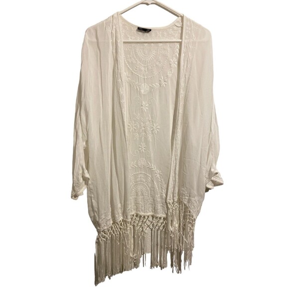 'TOPSHOP' WHITE EMBROIDERED‎ KIMONO STYLE FRINGED JACKET SIZE S - Picture 1 of 14